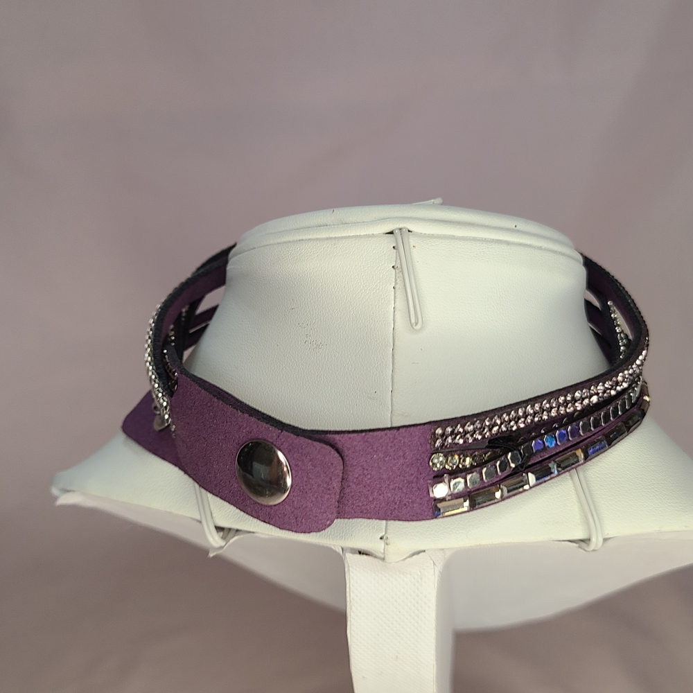 Faux Leather Deep Purple Rhinestone Layered Wide Bracelet Snap Closure Choker - Picture 5 of 8